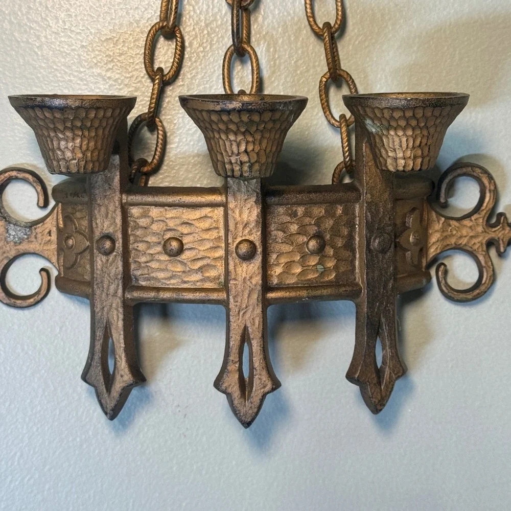 Vintage Sexton 1967 USA Cast Aluminum Brutalist 3 Cup Wall Candle Holder Gold